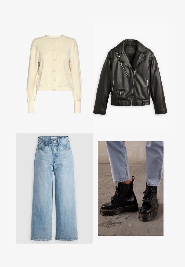 Svart skinn motorsykkeljakke med cropped design, brede lapeller, flere glidelåslommer og en subtil glans. Har belte i midjen.; Kremfarget strikket cardigan med rund hals, lange ermer, ribbestrikkede mansjetter og knapplukking foran, med store, glatte knapper.; Hvit bomull t-skjorte med korte ermer, rund hals, avslappet passform og uten synlige mønstre eller grafikk. Glatt tekstur og enkelt design.; Lys blå vide bukser med høj talje lavet af denim stof. Har et klassisk fem-lomme design og metalhardware.; Sorte skinnankelstøvler med tykk såle, rund tå, båndsnøring, gul søm og en løpebånd bak.