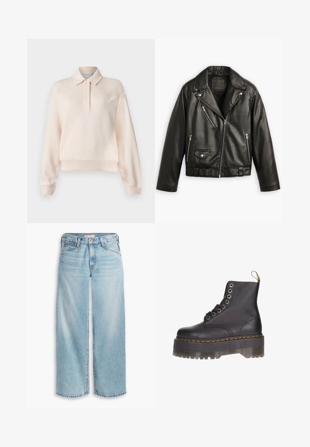 Fekete bőr motoros dzseki rövidített fazonnal, széles hajtókákkal, több cipzáras zsebbel és finom fényességgel. Derékon övvel rendelkezik.; Világos rózsaszín polo pulóver, galléros nyakkal, három gombos záródással és a mellkason lévő dombornyomott márkalogóval. Puha anyag, laza szabás.; Világoskék, bő szárú farmernadrág, magas derekú, gombos zipzárral és foszlott szegéllyel. Látható varrásokkal és zsebekkel.; Fekete bőrből készült bokacsizma, hat fűzőlyukkal, sárga cérnával varrva és átlátszó talppal, amely fűrészfogszerű éllel rendelkezik.