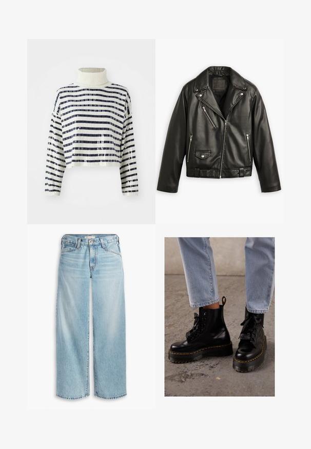 Crna kožna motoristička jakna s skraćenim dizajnom, širokim reverima, nekoliko džepova sa zip zatvaračima i suptilnim sjajem. Ima pojas u struku.; Izrezani pulover s visokim ovratnikom, obložen mornarsko modrim in belim vodoravnim prugam ter s sekvinsko oblogo za teksturo in sijaj.; Svijetloplave široke traperice od denima, s visokim strukom, dugmadi na prednjem dijelu i izrezanim rubom. Vidljive šavove i džepove.; Crne kožne gležnjače s debelim đonom, okruglom nosom, trakama za vezanje, žutim šavovima i petnim držačem.