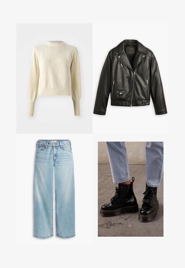 Giubbotto da moto in pelle nera con design corto, ampi revers, numerose tasche con zip e una leggera lucentezza. Dotato di una cintura in vita.; Maglione crema con un motivo di maglia testurizzato, polsini e orlo a costine, e scollatura tonda. Presenta maniche strutturate e leggermente a sbuffo.; Jeans ampi di colore blu chiaro realizzati in denim, con vita alta, chiusura a bottoni e orlo sfilacciato. Cuciture e tasche visibili.; Stivali neri in pelle alla caviglia con suola spessa, punta rotonda, lacci a nastro, cuciture gialle e inserto per il tallone sul retro.