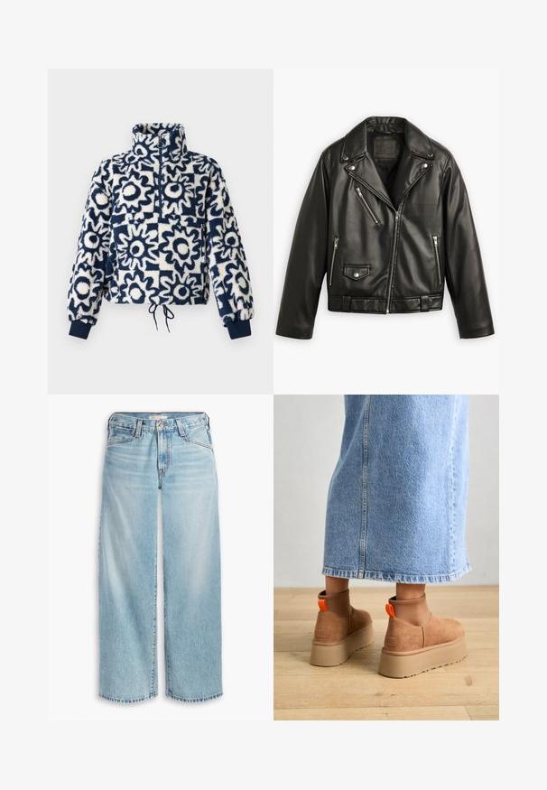 Jaqueta de moto em couro preto com um design cropped, lapelas largas, múltiplos bolsos com fecho éclair e um brilho subtil. Apresenta um cinto na cintura.; Pulôver de moleton com padrão floral abstrato em azul-marinho e branco, com fecho de meio zíper na frente, gola alta, punhos elásticos e bainha com cordão.; T-shirt de algodão branca com mangas curtas, gola redonda, corte descontraído e sem padrões ou gráficos visíveis. Textura suave e design simples.; Calças jeans largas de tom azul claro, feitas de denim, com cintura alta, fecho de botão e bainha desfiada. Costuras visíveis e bolsos.; Botas plataforma em camurça castanha com painéis laterais elásticos e puxadores laranja, combinadas com uma saia de ganga clara até ao joelho, em um chão de madeira.