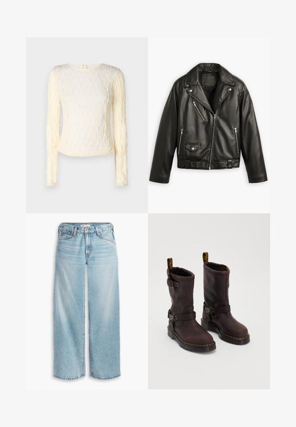 Schwarze Leder-Motorradjacke mit cropped Design, breiten Revers, mehreren Reißverschlusstaschen und einem subtilen Glanz. Mit einem Gürtel in der Taille.; Langärmliges cremefarbenes Oberteil mit strukturiertem Muster, Rundhalsausschnitt und dezenten Rüschen entlang der Kanten. Leichter, zarter Stoff.; Weißes Baumwoll-T-Shirt mit kurzen Ärmeln, rundem Ausschnitt, lockerer Passform und ohne sichtbare Muster oder Grafiken. Glatte Textur und einfaches Design.; Hellblaue, weit geschnittene Jeans aus Denim mit hoher Taille, Knopfverschluss und ausgefranstem Saum. Sichtbare Nähte und Taschen.; Braune Lederstiefel mit einem Design bis zur Mitte des Wadens, ausgestattet mit einem Riemen und einer Schnalle, einer dicken schwarzen Sohle und gelben Nähakzenten.