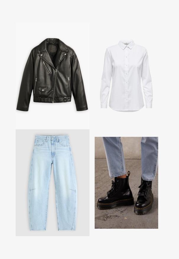 Jachetă de motocicletă din piele neagră, cu un design scurtat, reveruri late, multiple buzunare cu fermoar și un luciu subtil. Dispune de o curea la talie.; Cămașă albă, cu guler structurat și mâneci lungi, cu hem rotunjit. Fabricată dintr-un material solid, neted, fără modele sau accente vizibile.; Jeans din denim albastru deschis cu o croială lejeră, având talie înaltă, design cu cinci buzunare și estompare subtilă cu detalii de tiv desfăcut.; Botine negre din piele, cu talpa groasă, vârf rotund, șireturi din panglică, cusături galbene și o bucată textilă la spate pentru a le trasa.