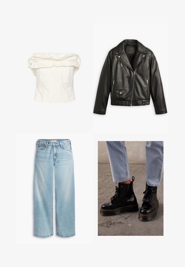 Zwarte leren motorjack met een cropped ontwerp, brede revers, meerdere ritszakken en een subtiele glans. Voorzien van een riem op de taille.; Witte off-the-shoulder blouse met grote gerimpelde halslijn, aansluitende lijfje en verticale naden. Gemaakt van een gladde stof met een gestructureerd silhouet.; Lichtblauwe wijde jeans van denim, met een hoge taille, knoopsluiting en een rafelige zoom. Zichtbare stiksels en zakken.; Zwarte leren enkellaarsjes met een chunky zool, ronde neus, lintveters, gele stiksels en een treklipje aan de achterkant.