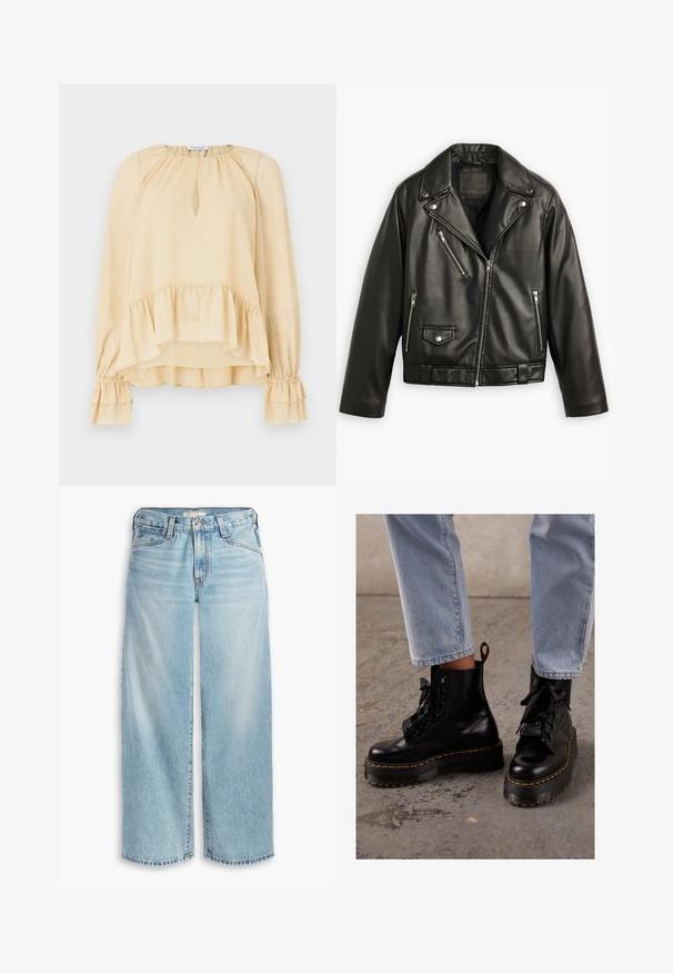 Sort læder motorcykeljakke med en cropped design, brede klapper, flere lynlåslommer og en subtil glans. Har et bælte i taljen.; Langærmet beige bluse med diskrete glimt, hjerteformet udskæring, flæset kant og samlede flæseærmer på en ensfarvet baggrund.; Lys blå brede jeans lavet af denim, med høj talje, knaplukning og frynsede kanter. Synlig syning og lommer.; Sorte læder ankelstøvler med en kraftig sål, rund tå, båndsnore, gul syning og en trækflap bagpå.