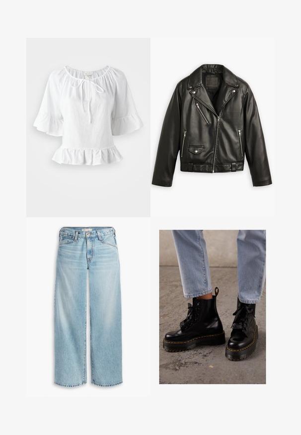 Svart skinn motorsykkeljakke med cropped design, brede lapeller, flere glidelåslommer og en subtil glans. Har belte i midjen.; Hvit bluse med korte ermer, volangkant og elastisk halsutskjæring, med knyttedetalj foran. Laget av lett stoff.; Hvit bomull t-skjorte med korte ermer, rund hals, avslappet passform og uten synlige mønstre eller grafikk. Glatt tekstur og enkelt design.; Lyseblå vide jeans i denim, med høy midje, knappestolpe og frynset hem. Synlig søm og lommer.; Sorte skinnankelstøvler med tykk såle, rund tå, båndsnøring, gul søm og en løpebånd bak.