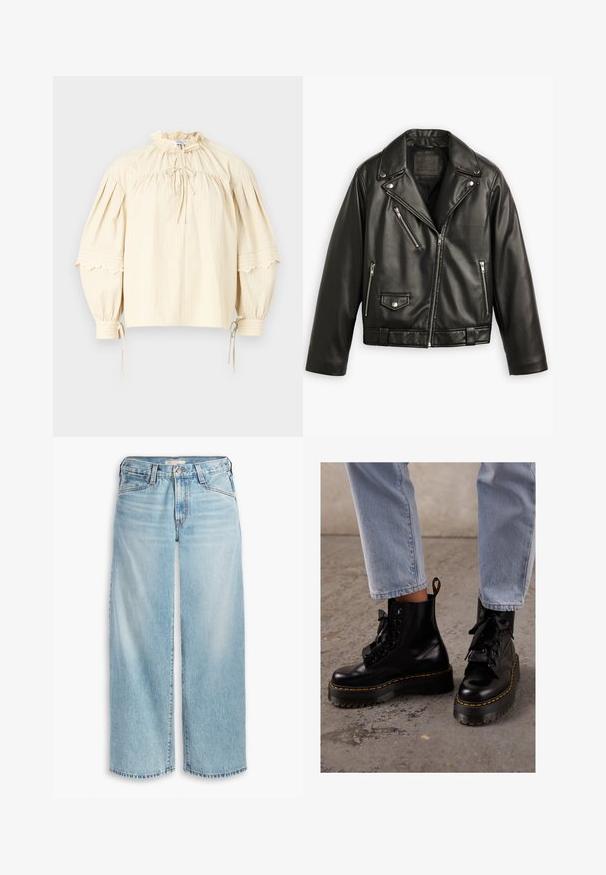 Giubbotto da moto in pelle nera con design corto, ampi revers, numerose tasche con zip e una leggera lucentezza. Dotato di una cintura in vita.; Hofmann Copenhagen SHARON - Camicetta - oyster; T-shirt bianco in cotone con maniche corte, scollo rotondo, vestibilità rilassata e senza motivi o grafiche visibili. Texture liscia e design semplice.; Jeans ampi di colore blu chiaro realizzati in denim, con vita alta, chiusura a bottoni e orlo sfilacciato. Cuciture e tasche visibili.; Stivali neri in pelle alla caviglia con suola spessa, punta rotonda, lacci a nastro, cuciture gialle e inserto per il tallone sul retro.