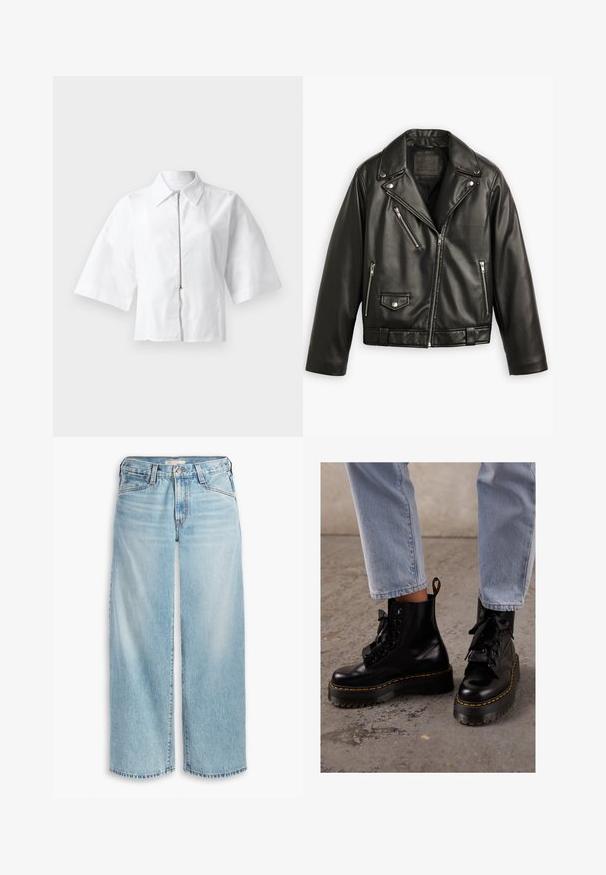Czarna skórzana kurtka motocyklowa o skróconym kroju, szerokimi klapami, kilkoma zamykanymi kieszeniami oraz subtelnym połyskiem. Posiada pasek w talii.; Biała bluzka z krótkim rękawem, z kołnierzykiem i zamkiem z przodu. Gładka tekstura i minimalistyczny styl, bez wzorów i akcentów.; Jasnoniebieskie dżinsy z szerokimi nogawkami, wykonane z denimu, z wysokim stanem, zapięciem na guziki i postrzępionym dołem. Widoczne szwy i kieszenie.; Czarne skórzane botki za kostkę z masywną podeszwą, okrągłym noskiem, wstążkowymi sznurówkami, żółtymi stębnowaniami i pętelką z tyłu.