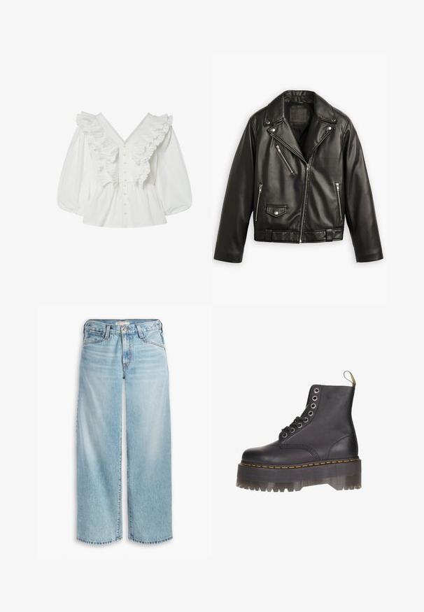 Zwarte leren motorjack met een cropped ontwerp, brede revers, meerdere ritszakken en een subtiele glans. Voorzien van een riem op de taille.; Witte blouse met een diepe V-hals, pofmouwen en geribbelde voorkant. Gemaakt van katoen met knoopsluiting en gestructureerde accenten.; Lichtblauwe wijde jeans van denim, met een hoge taille, knoopsluiting en een rafelige zoom. Zichtbare stiksels en zakken.; Zwarte lederen enkellaars met zes-oogsluiting, gele stiksels en een transparante plateauzool met een gekartelde rand.