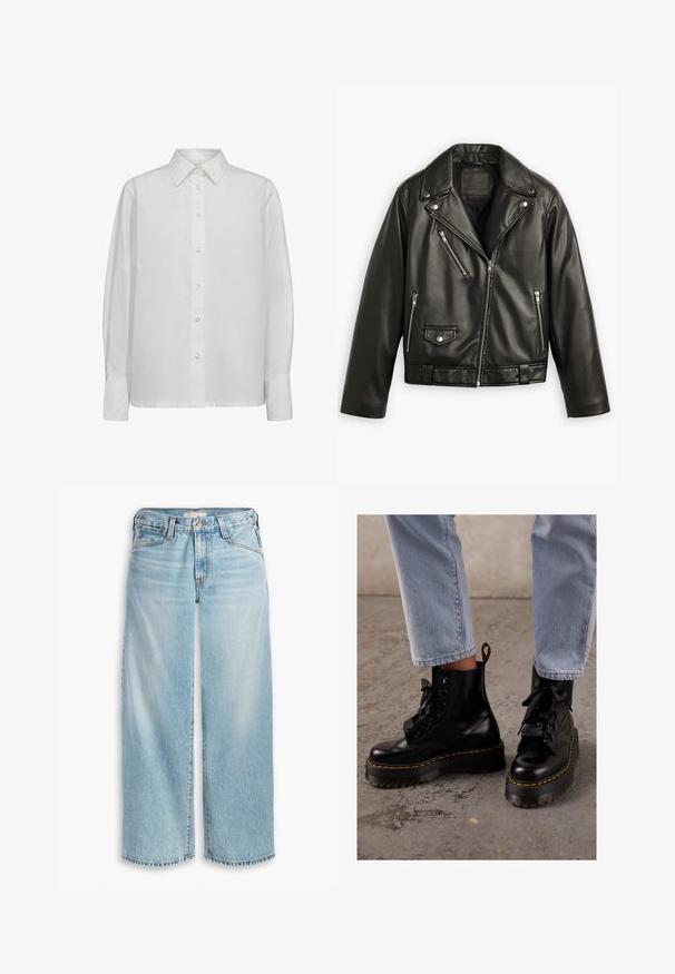 Giubbotto da moto in pelle nera con design corto, ampi revers, numerose tasche con zip e una leggera lucentezza. Dotato di una cintura in vita.; Camicia bianca a maniche lunghe realizzata in cotone morbido. Presenta un colletto classico, una chiusura con bottoni sul davanti con bottoni perlati e polsini aderenti.; Jeans ampi di colore blu chiaro realizzati in denim, con vita alta, chiusura a bottoni e orlo sfilacciato. Cuciture e tasche visibili.; Stivali neri in pelle alla caviglia con suola spessa, punta rotonda, lacci a nastro, cuciture gialle e inserto per il tallone sul retro.