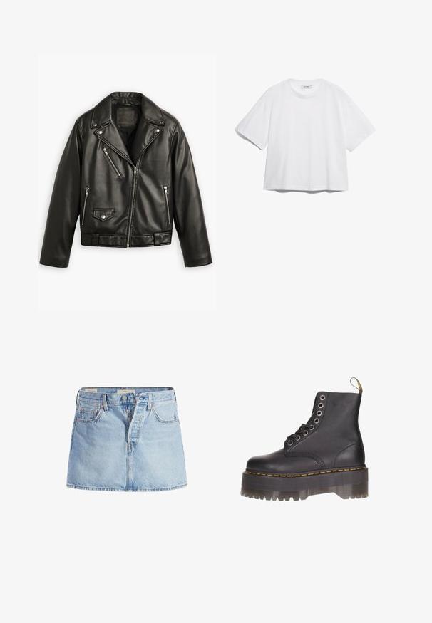 Zwarte leren motorjack met een cropped ontwerp, brede revers, meerdere ritszakken en een subtiele glans. Voorzien van een riem op de taille.; Witte katoenen T-shirt met korte mouwen, ronde halslijn, losse pasvorm en geen zichtbare patronen of afbeeldingen. Effen textuur en eenvoudig ontwerp.; Lichtblauwe denim rok met een aansluitende taille, vijf zakken, sluiting met knopen aan de voorkant en subtiele vervaging door de stof.; Zwarte lederen enkellaars met zes-oogsluiting, gele stiksels en een transparante plateauzool met een gekartelde rand.