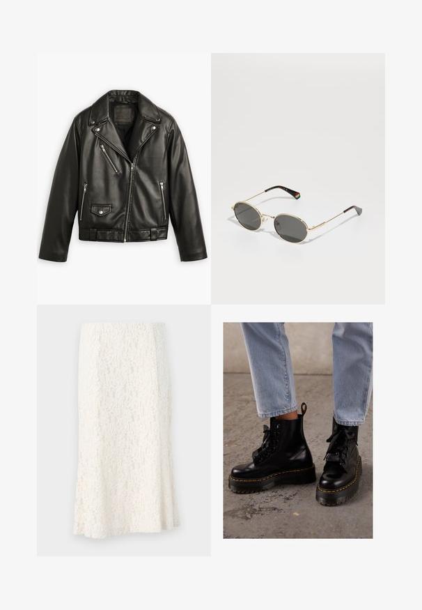 Černá kožená motocyklová bunda s krátkým střihem, širokými klopami, několika zipovými kapsami a jemným leskem. Obsahuje pásek v pase.; Bílý bavlněný tričko s krátkými rukávy, kulatým výstřihem, volným střihem a bez viditelných vzorů nebo grafik. Hladká textura a jednoduchý design.; Krajková midi sukně v krémové barvě, s propracovaným květinovým vzorem, s úzkým pasem a rozšířeným lemem. Lehká, strukturovaná látka s mírným leskem.; Černé kožené kotníkové boty s robustní podrážkou, kulatou špičkou, stužkovými šněrováním, žlutými švy a poutkem na zadní straně.; Sluneční brýle v oválném tvaru s zlatým rámem a tmavými skly. Tenké kovové ramena zkrášlená duhovým detailem na levém spánku. Hladký, lesklý povrch.