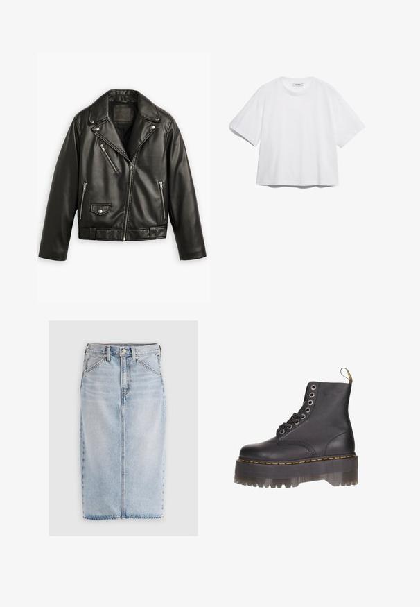 Zwarte leren motorjack met een cropped ontwerp, brede revers, meerdere ritszakken en een subtiele glans. Voorzien van een riem op de taille.; Witte katoenen T-shirt met korte mouwen, ronde halslijn, losse pasvorm en geen zichtbare patronen of afbeeldingen. Effen textuur en eenvoudig ontwerp.; Lichtblauwe denim midi-rok met rechte snit, voorzakken en rafelige zoom. Bevat riemlussen en een centrale naad aan de voorkant.; Zwarte lederen enkellaars met zes-oogsluiting, gele stiksels en een transparante plateauzool met een gekartelde rand.