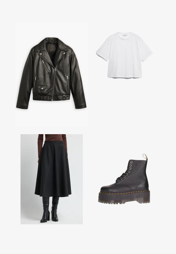 Zwarte leren motorjack met een cropped ontwerp, brede revers, meerdere ritszakken en een subtiele glans. Voorzien van een riem op de taille.; Witte katoenen T-shirt met korte mouwen, ronde halslijn, losse pasvorm en geen zichtbare patronen of afbeeldingen. Effen textuur en eenvoudig ontwerp.; Zwarte A-lijn rok van gestructureerde stof, met een hoge taille en plooien, gecombineerd met zwarte leren laarzen tot de knie.; Zwarte lederen enkellaars met zes-oogsluiting, gele stiksels en een transparante plateauzool met een gekartelde rand.