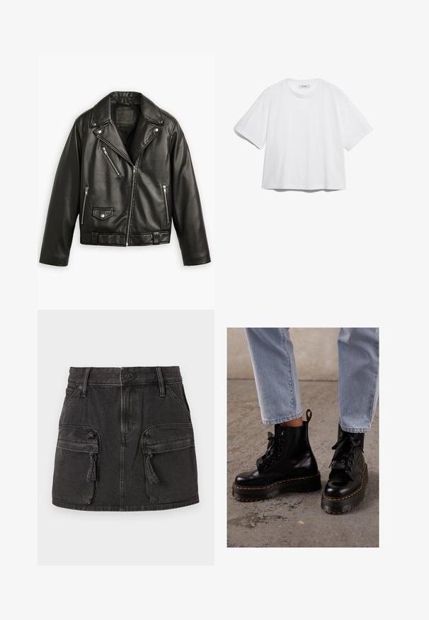 Giubbotto da moto in pelle nera con design corto, ampi revers, numerose tasche con zip e una leggera lucentezza. Dotato di una cintura in vita.; T-shirt bianco in cotone con maniche corte, scollo rotondo, vestibilità rilassata e senza motivi o grafiche visibili. Texture liscia e design semplice.; Gonna di jeans nera con vita aderente, due tasche cargo frontali e texture sbiadita. Presenta una chiusura con bottone e passanti per cintura.; Stivali neri in pelle alla caviglia con suola spessa, punta rotonda, lacci a nastro, cuciture gialle e inserto per il tallone sul retro.