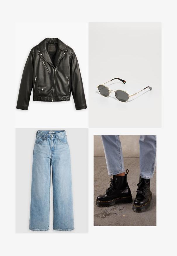Giubbotto da moto in pelle nera con design corto, ampi revers, numerose tasche con zip e una leggera lucentezza. Dotato di una cintura in vita.; T-shirt bianco in cotone con maniche corte, scollo rotondo, vestibilità rilassata e senza motivi o grafiche visibili. Texture liscia e design semplice.; Jeans a gamba larga di color blu chiaro con vita alta, realizzati in tessuto denim. Presentano un classico design a cinque tasche e hardware in metallo.; Stivali neri in pelle alla caviglia con suola spessa, punta rotonda, lacci a nastro, cuciture gialle e inserto per il tallone sul retro.; Occhiali da sole ovali con montatura dorata e lenti scure. Bracci in metallo sottili decorati con un dettaglio arcobaleno sulla tempia sinistra. Finitura liscia e lucida.