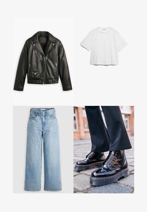 Melnas ādas motocikla jaka ar īsu dizainu, plašiem atlokiem, vairākiem rāvējslēdzēju kabatām un maigu spīdumu. Iekļauta josta viduklī.; Baltas kokvilnas T-krekls ar īsām piedurknēm, apaļu kakla izgriezumu, brīvu piegriezumu un bez redzamām rakstu vai grafikas. Gluda tekstūra un vienkāršs dizains.; Gaiši zili platās kājas džinsi ar augstu vidukli, izgatavoti no denima auduma. Iespēj klasisku piecu kabatu dizainu un metāla aksesuāriem.; Melni laku ādas potītes zābaki ar biezām gumijas zolēm, sānu rāvējslēdzēju, zelta acu piederumiem un kontrastējošu dzeltenu izšuvumu.