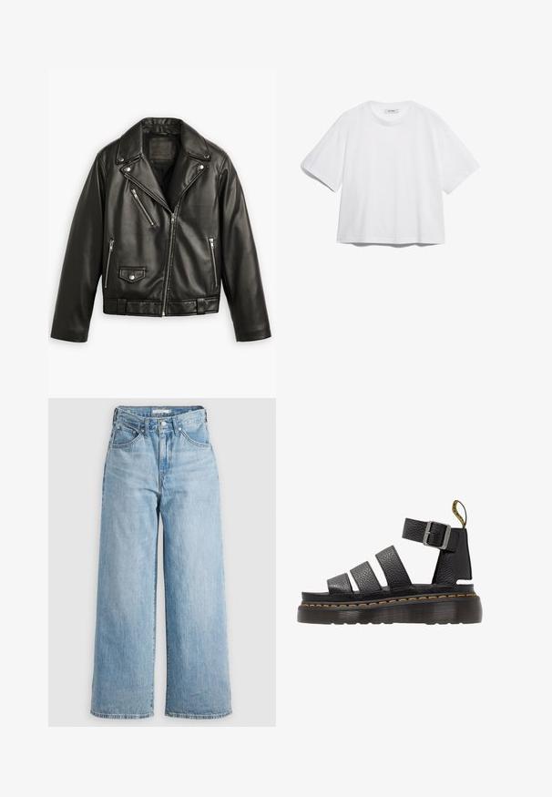 Mustmust mustrattaga mustkott, millel on lühendatud disain, laiad kraed, mitmed tõmblukuga taskud ja õrn läige. Varustatud vööga vöökohal.; Valge puuvillane T-särk lühikeste varrukatega, ümar kaelus, vaba lõige ning ilma nähtavate mustrite või graafikateta. Sile tekstuur ja lihtne disain.; Heledad sinine laiad teksad kõrge vöökoha ja denim kangast. Omab klassikalist viit taskut ja metallist sulgureid.; Must kool nahk sandaal kolme laia rihmaga, reguleeritava metallist-klambriga, paksu tekstuuriga tallaga ja oranži õmbluse detailiga ääres.