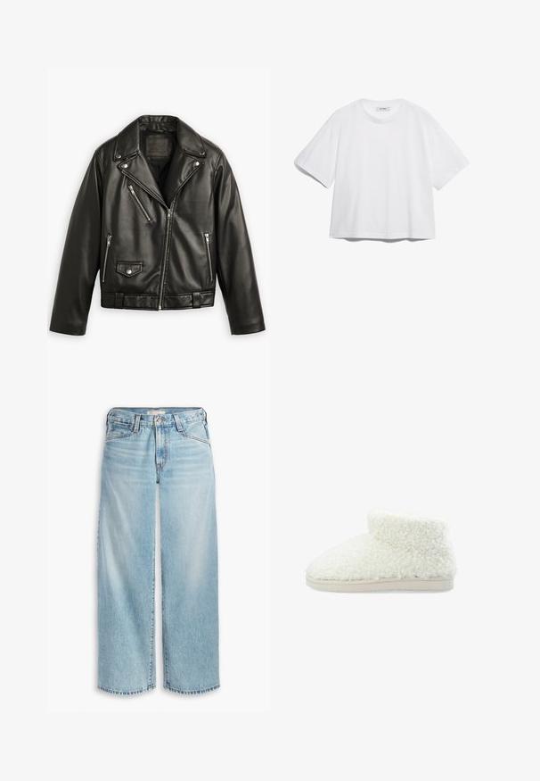 Czarna skórzana kurtka motocyklowa o skróconym kroju, szerokimi klapami, kilkoma zamykanymi kieszeniami oraz subtelnym połyskiem. Posiada pasek w talii.; Biały bawełniany t-shirt z krótkimi rękawami, okrągłym dekoltem, luźnym krojem oraz bez widocznych wzorów czy grafik. Gładka tekstura i prosty design.; Jasnoniebieskie dżinsy z szerokimi nogawkami, wykonane z denimu, z wysokim stanem, zapięciem na guziki i postrzępionym dołem. Widoczne szwy i kieszenie.; Białe, puszyste botki za kostkę wykonane z miękkiego, fakturowanego materiału z płaską, beżową podeszwą. Posiadają okrągły nosek i wywijaną górę dla dodatkowego ciepła.