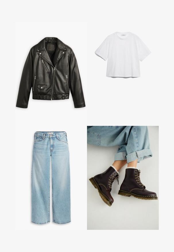 Giubbotto da moto in pelle nera con design corto, ampi revers, numerose tasche con zip e una leggera lucentezza. Dotato di una cintura in vita.; T-shirt bianco in cotone con maniche corte, scollo rotondo, vestibilità rilassata e senza motivi o grafiche visibili. Texture liscia e design semplice.; Jeans ampi di colore blu chiaro realizzati in denim, con vita alta, chiusura a bottoni e orlo sfilacciato. Cuciture e tasche visibili.; Stivali alla caviglia in pelle marrone con design a lacci, foderati in pelliccia, con cuciture gialle e suole in gomma spessa. Indossati con jeans azzurri chiari arrotolati.