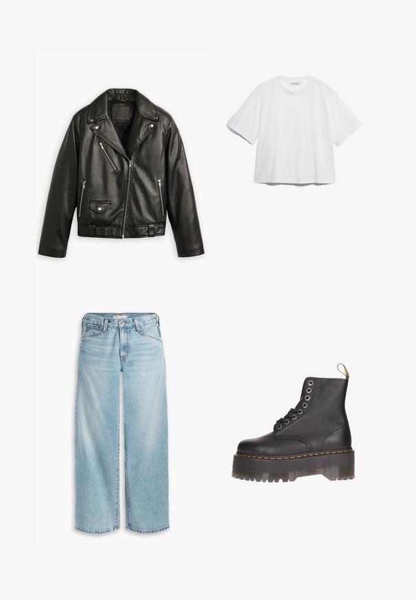 Giubbotto da moto in pelle nera con design corto, ampi revers, numerose tasche con zip e una leggera lucentezza. Dotato di una cintura in vita.; T-shirt bianco in cotone con maniche corte, scollo rotondo, vestibilità rilassata e senza motivi o grafiche visibili. Texture liscia e design semplice.; Jeans ampi di colore blu chiaro realizzati in denim, con vita alta, chiusura a bottoni e orlo sfilacciato. Cuciture e tasche visibili.; Stivale alla caviglia in pelle nera con lacci a sei occhielli, cuciture gialle e una suola trasparente a piattaforma con bordo seghettato.