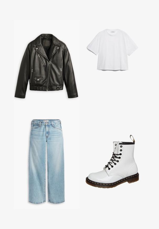 Giubbotto da moto in pelle nera con design corto, ampi revers, numerose tasche con zip e una leggera lucentezza. Dotato di una cintura in vita.; T-shirt bianco in cotone con maniche corte, scollo rotondo, vestibilità rilassata e senza motivi o grafiche visibili. Texture liscia e design semplice.; Jeans ampi di colore blu chiaro realizzati in denim, con vita alta, chiusura a bottoni e orlo sfilacciato. Cuciture e tasche visibili.; Stivale alla caviglia in pelle verniciata bianca con occhielli neri, lacci neri e suola in gomma marrone caratterizzata da una distintiva cucitura gialla.
