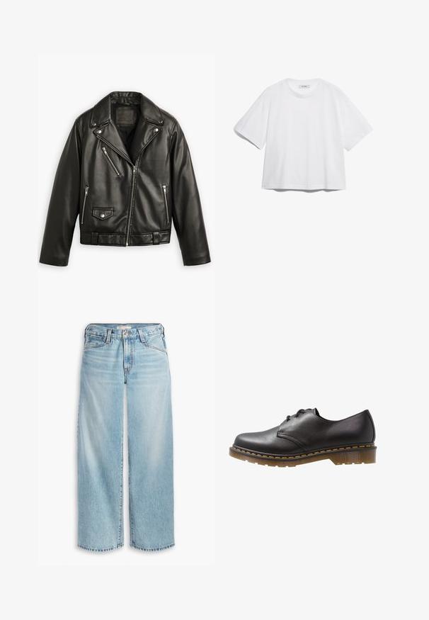 Giubbotto da moto in pelle nera con design corto, ampi revers, numerose tasche con zip e una leggera lucentezza. Dotato di una cintura in vita.; T-shirt bianco in cotone con maniche corte, scollo rotondo, vestibilità rilassata e senza motivi o grafiche visibili. Texture liscia e design semplice.; Jeans ampi di colore blu chiaro realizzati in denim, con vita alta, chiusura a bottoni e orlo sfilacciato. Cuciture e tasche visibili.; Scarpa nera in pelle con lacci, punta arrotondata e suola spessa e traslucida. Presenta cuciture gialle lungo il bordo della suola. Texture liscia.