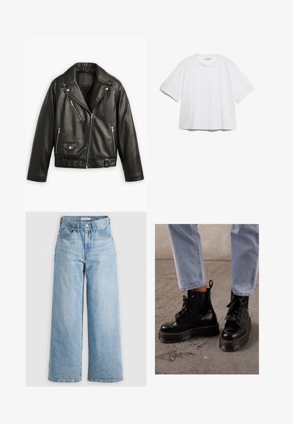 Jaqueta de moto em couro preto com um design cropped, lapelas largas, múltiplos bolsos com fecho éclair e um brilho subtil. Apresenta um cinto na cintura.; T-shirt de algodão branca com mangas curtas, gola redonda, corte descontraído e sem padrões ou gráficos visíveis. Textura suave e design simples.; Jeans de perna larga em azul claro com uma cintura alta, feitos de tecido denim. Apresentam um design clássico de cinco bolsos e ferragens de metal.; Botas de tornozelo em couro preto com sola robusta, bico redondo, atacadores de fita, costura amarela e uma alça na parte de trás.