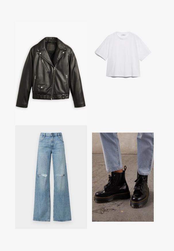 Musta nahkainen moottoripyörätakki lyhytleikkauksella, leveillä kauluksilla, useilla vetoketjullisilla taskuilla ja hienovaraisella kiillolla. Vyötäröllä on vyö.; Valkoinen puuvillapaita, jossa on lyhyet hihat, pyöreä kaula-aukko, rento istuvuus ja ei näkyviä kuvioita tai graafisia elementtejä. Sujuva pinta ja yksinkertainen muotoilu.; Vaaleansiniset korkeavyötäröiset leveälahkeiset farkut, joissa on kuluneet polvet, klassinen viiden taskun malli ja vetoketju napin sulkimella.; Mustat nahkasaappaat nilkkapituisilla, paksuilla pohjilla, pyöreällä kärjellä, nauhoilla ja keltaisilla ompeleilla, sekä vetotapilla takana.