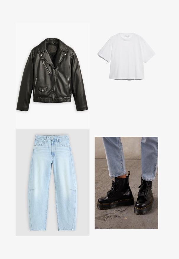 Černá kožená motocyklová bunda s krátkým střihem, širokými klopami, několika zipovými kapsami a jemným leskem. Obsahuje pásek v pase.; Bílý bavlněný tričko s krátkými rukávy, kulatým výstřihem, volným střihem a bez viditelných vzorů nebo grafik. Hladká textura a jednoduchý design.; Svetle modré džíny s volným střihem, vysokým pasem, pěti kapsami a jemným zesvětlením s roztrhanými detaily na lemu.; Černé kožené kotníkové boty s robustní podrážkou, kulatou špičkou, stužkovými šněrováním, žlutými švy a poutkem na zadní straně.