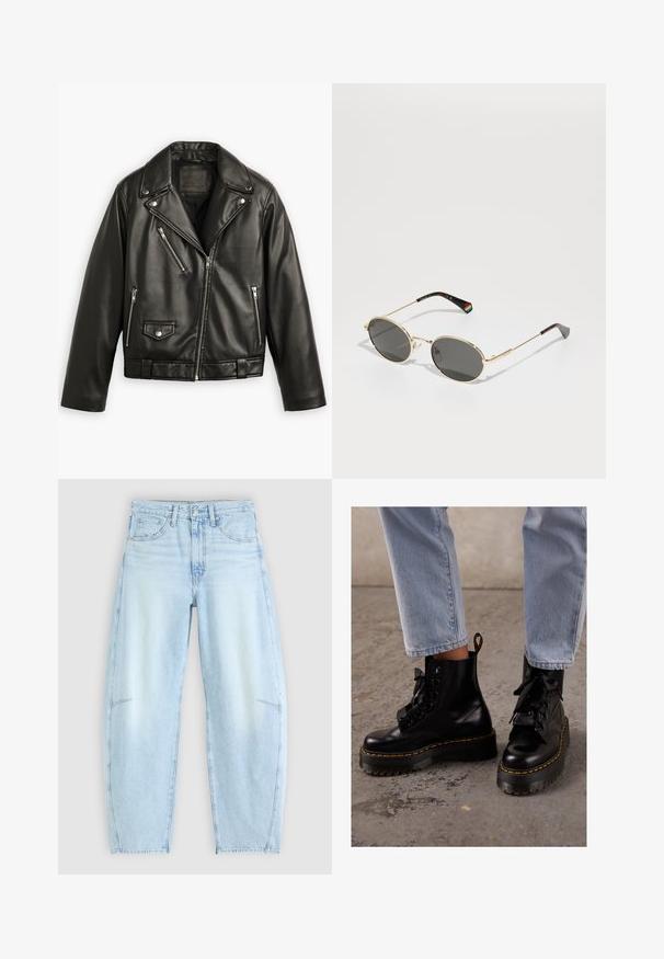 Zwarte leren motorjack met een cropped ontwerp, brede revers, meerdere ritszakken en een subtiele glans. Voorzien van een riem op de taille.; Witte katoenen T-shirt met korte mouwen, ronde halslijn, losse pasvorm en geen zichtbare patronen of afbeeldingen. Effen textuur en eenvoudig ontwerp.; Lichtblauwe denimjeans met een ontspannen pasvorm, voorzien van een hoge taille, vijf-pocketontwerp en subtiele vervaging met rafelige zoomdetails.; Zwarte leren enkellaarsjes met een chunky zool, ronde neus, lintveters, gele stiksels en een treklipje aan de achterkant.; Goudkleurige ovale zonnebril met donkere lenzen. Dunne metalen steunen versierd met een regenboogdetail op de linkerkant. Gladde, glanzende afwerking.