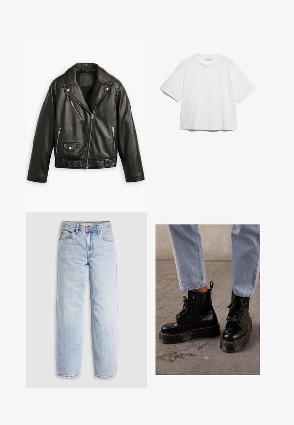 Mustmust mustrattaga mustkott, millel on lühendatud disain, laiad kraed, mitmed tõmblukuga taskud ja õrn läige. Varustatud vööga vöökohal.; Valge puuvillane T-särk lühikeste varrukatega, ümar kaelus, vaba lõige ning ilma nähtavate mustrite või graafikateta. Sile tekstuur ja lihtne disain.; Hele sinised teksapüksid kõrge vöökohaga, mugava lõikega, sirgete säärega ja klassikalise viie-taskuga disainiga. Nähtavad pleekimised ja õmbluste detailid.; Mustad mustad nahast pahkluu saapad, jämeda tallaga, ümarate varvastega, lindipaeladega, kollaste õmblustega ja seljaosas tõmbetabiga.