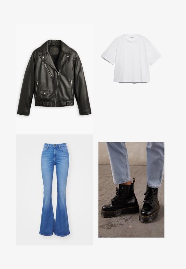 Black leather motorcycle jacket with a cropped design, wide lapels, multiple zip pockets, and a subtle sheen. Features a belt at the waist.; White cotton t-shirt with short sleeves, round neckline, relaxed fit, and no visible patterns or graphics. Smooth texture and simple design.; Light blue flared jeans made from denim, featuring a high waist, five pockets, and a slight fade towards the hem. Silver button closure.; Black leather ankle boots with a chunky sole, round toe, ribbon laces, yellow stitching, and a pull tab at the back.