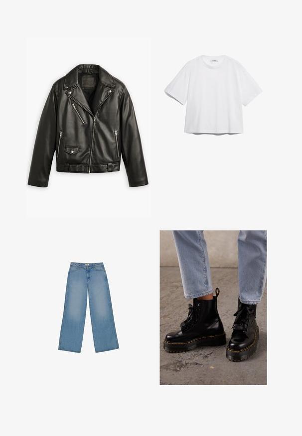 Jaqueta de moto em couro preto com um design cropped, lapelas largas, múltiplos bolsos com fecho éclair e um brilho subtil. Apresenta um cinto na cintura.; T-shirt de algodão branca com mangas curtas, gola redonda, corte descontraído e sem padrões ou gráficos visíveis. Textura suave e design simples.; Jeans de perna larga azul claro feitos de denim, com cintura alta, corte reto e costuras contrastantes. Sem embelezamentos ou desgastes.; Botas de tornozelo em couro preto com sola robusta, bico redondo, atacadores de fita, costura amarela e uma alça na parte de trás.