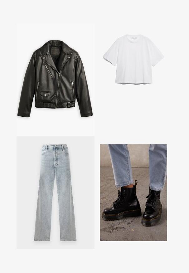 Black leather motorcycle jacket with a cropped design, wide lapels, multiple zip pockets, and a subtle sheen. Features a belt at the waist.; White cotton t-shirt with short sleeves, round neckline, relaxed fit, and no visible patterns or graphics. Smooth texture and simple design.; Light blue denim jeans with a high waist, wide-leg silhouette, traditional five-pocket design, and subtle whiskering effects.; Black leather ankle boots with a chunky sole, round toe, ribbon laces, yellow stitching, and a pull tab at the back.