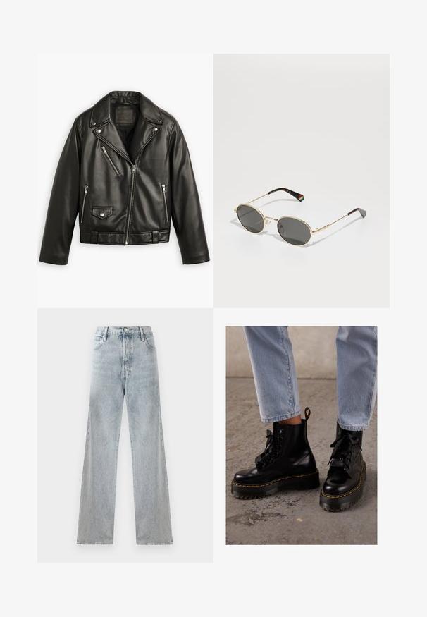 Sort læder motorcykeljakke med en cropped design, brede klapper, flere lynlåslommer og en subtil glans. Har et bælte i taljen.; Hvid bomulds t-shirt med korte ærmer, rund halsudskæring, afslappet pasform og ingen synlige mønstre eller grafik. Glat tekstur og enkelt design.; Lyseblå denimbukser med høj talje, vid benstil og traditionelt fem-lomme design samt subtile slidte effekter.; Sorte læder ankelstøvler med en kraftig sål, rund tå, båndsnore, gul syning og en trækflap bagpå.; Guldindfattede ovale solbriller med mørke linser. Tynde metalstænger accentueret med en regnbue-detail på venstre temple. Glat, blank overflade.