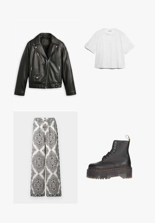 Melnas ādas motocikla jaka ar īsu dizainu, plašiem atlokiem, vairākiem rāvējslēdzēju kabatām un maigu spīdumu. Iekļauta josta viduklī.; Baltas kokvilnas T-krekls ar īsām piedurknēm, apaļu kakla izgriezumu, brīvu piegriezumu un bez redzamām rakstu vai grafikas. Gluda tekstūra un vienkāršs dizains.; Krēmkrāsas platās bikses ar melnu greznu rombveida rakstu. Iezīmējas ar elastīgu jostasvietu ar saites detaļu un gludu tekstūru.; Melna ādas potīšu zābaku ar sešām acīm, dzelteniem diegiem un caurspīdīgu platformas zoli ar zobainu malu.