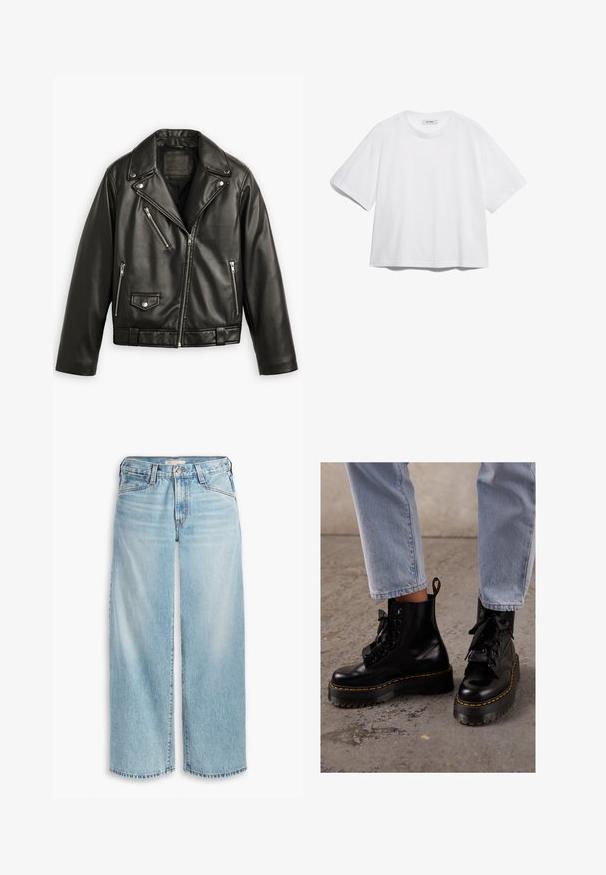 Chaqueta de motocicleta de cuero negro con un diseño recortado, solapas anchas, múltiples bolsillos con cremallera y un ligero brillo. Presenta un cinturón en la cintura.; Camiseta de algodón blanca con manga corta, escote redondo, corte relajado y sin patrones o gráficos visibles. Textura suave y diseño sencillo.; Jeans de mezclilla de pierna ancha en un azul claro, con cintura alta, cierre de botón y dobladillo deshilachado. Costuras visibles y bolsillos.; Botas de cuero negro hasta el tobillo con suela gruesa, puntera redonda, cintas de raso, costuras amarillas y una tira en la parte trasera.