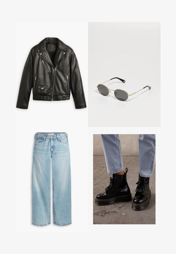 Svart skinn motorsykkeljakke med cropped design, brede lapeller, flere glidelåslommer og en subtil glans. Har belte i midjen.; Hvit bomull t-skjorte med korte ermer, rund hals, avslappet passform og uten synlige mønstre eller grafikk. Glatt tekstur og enkelt design.; Lyseblå vide jeans i denim, med høy midje, knappestolpe og frynset hem. Synlig søm og lommer.; Sorte skinnankelstøvler med tykk såle, rund tå, båndsnøring, gul søm og en løpebånd bak.; Gullrammede ovale solbriller med mørke linser. Tynne metallarmer med regnbue-detaljer på venstre stang. Slank, glansfull finish.