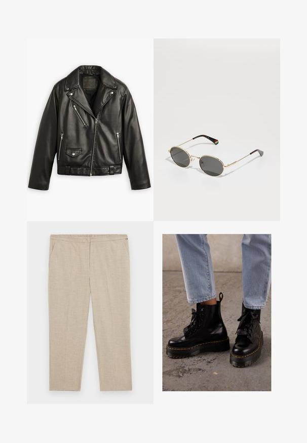 Mustmust mustrattaga mustkott, millel on lühendatud disain, laiad kraed, mitmed tõmblukuga taskud ja õrn läige. Varustatud vööga vöökohal.; Valge puuvillane T-särk lühikeste varrukatega, ümar kaelus, vaba lõige ning ilma nähtavate mustrite või graafikateta. Sile tekstuur ja lihtne disain.; Tommy Hilfiger Curve Püksid - classic beige; Mustad mustad nahast pahkluu saapad, jämeda tallaga, ümarate varvastega, lindipaeladega, kollaste õmblustega ja seljaosas tõmbetabiga.; Kuldraamiga ovaalsed prillid tumedate läätsedega. Peened metallist varred, mille vasakul templil on vikerkaare detail. Sile ja läikiv viimistlus.