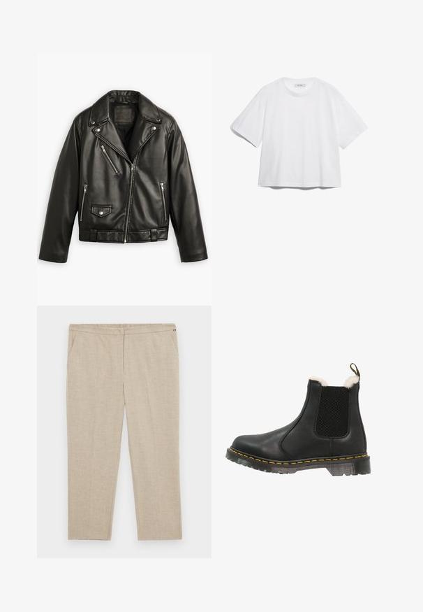 Svart skinn motorsykkeljakke med cropped design, brede lapeller, flere glidelåslommer og en subtil glans. Har belte i midjen.; Hvit bomull t-skjorte med korte ermer, rund hals, avslappet passform og uten synlige mønstre eller grafikk. Glatt tekstur og enkelt design.; Tommy Hilfiger Curve Bukse - classic beige; Sorte skinn ankelsko med teksturerte sidelapper, myk hvit faux pelsfôr, gule sømmer og en holdbar gummisåle.