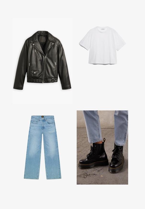 Musta nahkainen moottoripyörätakki lyhytleikkauksella, leveillä kauluksilla, useilla vetoketjullisilla taskuilla ja hienovaraisella kiillolla. Vyötäröllä on vyö.; Valkoinen puuvillapaita, jossa on lyhyet hihat, pyöreä kaula-aukko, rento istuvuus ja ei näkyviä kuvioita tai graafisia elementtejä. Sujuva pinta ja yksinkertainen muotoilu.; Vaaleansiniset, leveälahkeiset farkut, jotka on valmistettu denimmateriaalista. Ominaisuuksiin kuuluu klassinen viiden taskun muotoilu ja hienovarainen haalistunut rakenne. Napitus ja vetoketjukiinnitys.; Mustat nahkasaappaat nilkkapituisilla, paksuilla pohjilla, pyöreällä kärjellä, nauhoilla ja keltaisilla ompeleilla, sekä vetotapilla takana.