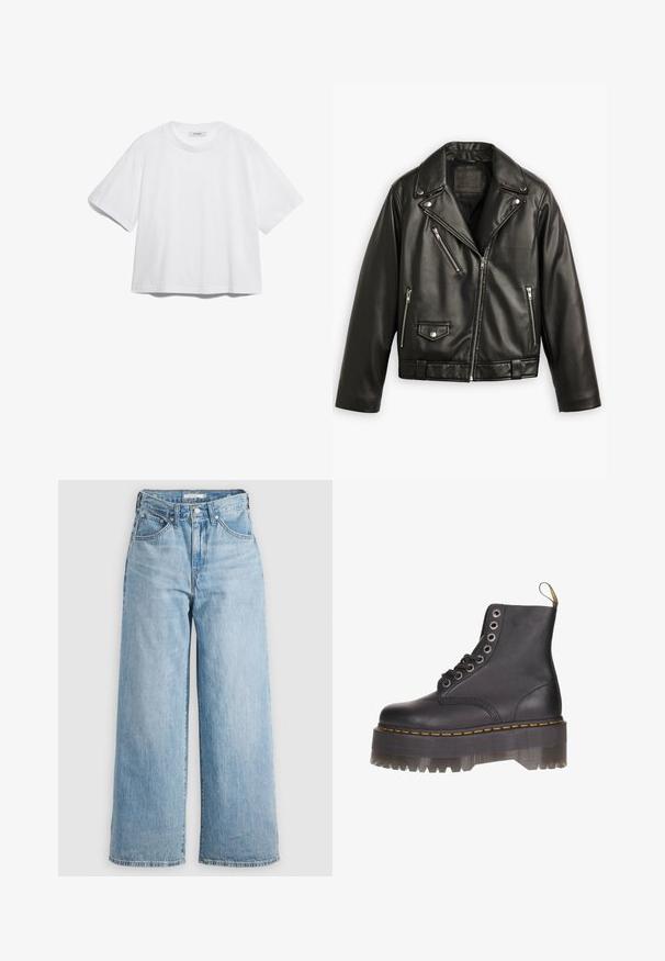 Mustmust mustrattaga mustkott, millel on lühendatud disain, laiad kraed, mitmed tõmblukuga taskud ja õrn läige. Varustatud vööga vöökohal.; Valge puuvillane T-särk lühikeste varrukatega, ümar kaelus, vaba lõige ning ilma nähtavate mustrite või graafikateta. Sile tekstuur ja lihtne disain.; Heledad sinine laiad teksad kõrge vöökoha ja denim kangast. Omab klassikalist viit taskut ja metallist sulgureid.; Mustad musta nahast pahkluu saabas, millel on kuus paelasilma, kollane tikand ja läbipaistev platvormitald, millel on saagja serv.