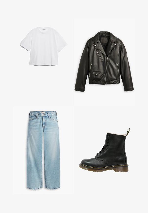 Jachetă de motocicletă din piele neagră, cu un design scurtat, reveruri late, multiple buzunare cu fermoar și un luciu subtil. Dispune de o curea la talie.; Tricou alb din bumbac, cu mâneci scurte, guler rotund, croială confortabilă și fără modele sau grafice vizibile. Textură netedă și design simplu.; Jeans de culoare bleu deschis, cu picioare largi, realizate din denim, având talie înaltă, închidere cu nasturi și tiv desprins. Cusături vizibile și buzunare.; Botină din piele neagră, cu o căptușeală moale albă, vârf rotund, șase orificii pentru șireturi, cusături galbene și o talpă din cauciuc transparent.