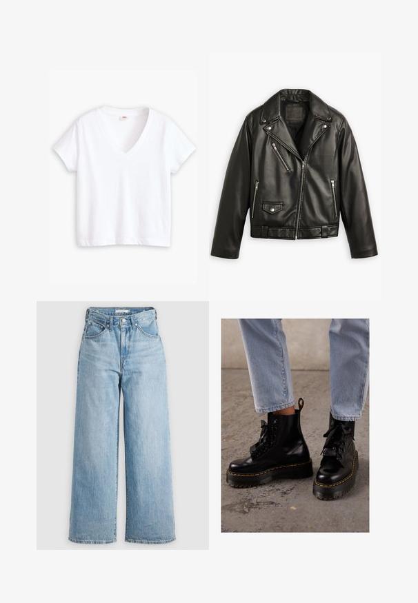 Schwarze Leder-Motorradjacke mit cropped Design, breiten Revers, mehreren Reißverschlusstaschen und einem subtilen Glanz. Mit einem Gürtel in der Taille.; Weißes Baumwoll-T-Shirt mit V-Ausschnitt, kurzen Ärmeln und gerader Saumlinie. Weiche Textur, minimalistisches Design, keine Muster oder Akzente.; Hellblaue weit geschnittene Jeans mit hoher Taille, aus Denimstoff. Besitzt ein klassisches Fünf-Taschen-Design und Metallbeschläge.; Schwarze Leder-Stiefeletten mit einer dicken Sohle, runder Zehenform, Bändern zum Schnüren, gelben Nähten und einer Schlaufe an der Rückseite.