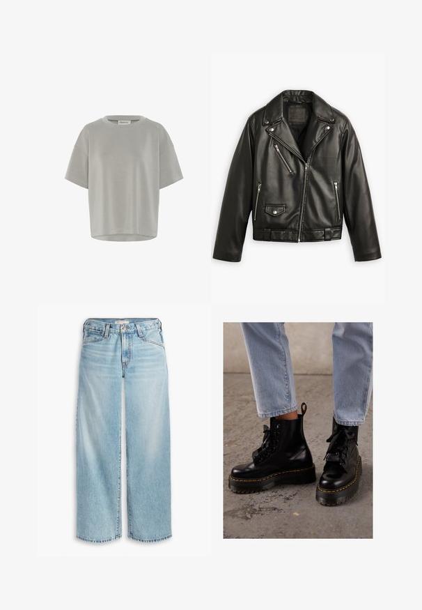 Giubbotto da moto in pelle nera con design corto, ampi revers, numerose tasche con zip e una leggera lucentezza. Dotato di una cintura in vita.; My Essential Wardrobe HELLE EMB BOXY - T-shirt basic - moon mist; Jeans ampi di colore blu chiaro realizzati in denim, con vita alta, chiusura a bottoni e orlo sfilacciato. Cuciture e tasche visibili.; Stivali neri in pelle alla caviglia con suola spessa, punta rotonda, lacci a nastro, cuciture gialle e inserto per il tallone sul retro.