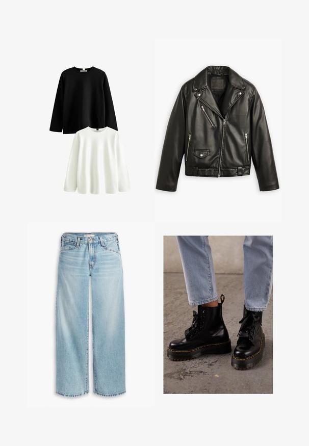 Schwarze Leder-Motorradjacke mit cropped Design, breiten Revers, mehreren Reißverschlusstaschen und einem subtilen Glanz. Mit einem Gürtel in der Taille.; Zwei Langarmhemden: eines schwarz und eines weiß. Beide haben einen klassischen Rundkragen, sind aus weicher Baumwolle gefertigt und besitzen eine glatte Textur.; Hellblaue, weit geschnittene Jeans aus Denim mit hoher Taille, Knopfverschluss und ausgefranstem Saum. Sichtbare Nähte und Taschen.; Schwarze Leder-Stiefeletten mit einer dicken Sohle, runder Zehenform, Bändern zum Schnüren, gelben Nähten und einer Schlaufe an der Rückseite.