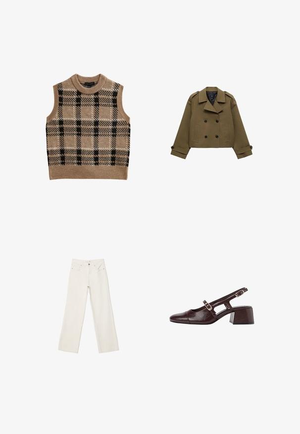 Olive green cropped double-breasted jacket with a notched collar, black buttons, and two front pockets; features structured shoulders and cuffs.; Tan knitted vest with a round neck, featuring a black and white check pattern, sleeveless design, and ribbed hem detail.; White wide-leg jeans made of denim, featuring a high-rise waist, front pockets, and a button closure. Clean design with minimal accents.; Brown leather slingback heels with a square toe, cut-out sides, and a block heel. Features a buckle on the ankle strap.