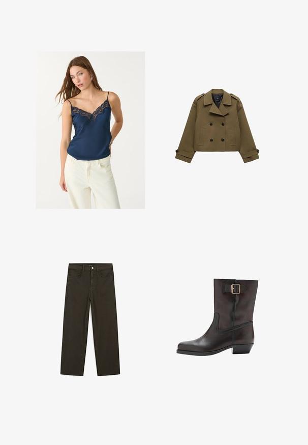 Giacca corta doppiopetto verde oliva con colletto a lancia, bottoni neri e due tasche frontali; presenta spalle e polsini strutturati.; Camisola di satin blu navy con pizzo sullo scollo. Caratterizzata da spalline sottili e una vestibilità rilassata, abbinata a pantaloni bianchi a vita alta.; Jeans a gamba larga di colore verde scuro, realizzati in tessuto misto cotone, dotati di chiusura con bottone frontale, cinque tasche e cuciture classiche in denim.; Stivaletto in pelle nera con punta rotonda, tacco basso a blocco, pannello elastico laterale e accentuazione in oro sulla fibbia della cinghia alla caviglia.