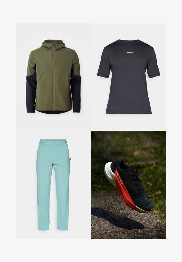Olivno zelena jakna s kapuco in temno modrimi rokavi, zadrgo spredaj, flis oblogo in subtilno blagovno znamko na prsih. Gladek material in prilegajoč kroj.; Črna kratkosrajčna performančna majica iz dihalnega blaga, s krožno izrezom in majhnim belim logotipom "SALOMON" na prsih.; Svijetloplave hlače od lagane tkanine, s ravnim krojem, ravnim prednjim dijelom i malim oznakom brenda sa strane.; Črne tekaške čevlje z rdečimi poudarki, lahka mrežasta zgornji del, strukturirana bela podplat in sistem vezalk. Zasnovani za zmogljivost in udobje.